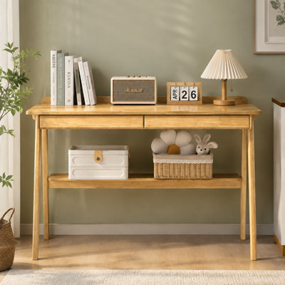 Bureau d'écriture en bois massif, bureau d'ordinateur avec 2 tiroirs de rangement, tablette ouverte et crochets latéraux