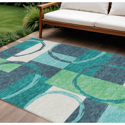 Tapis extérieur bleu sarcelle lavable 10 pi x 14 pi bleu et vert