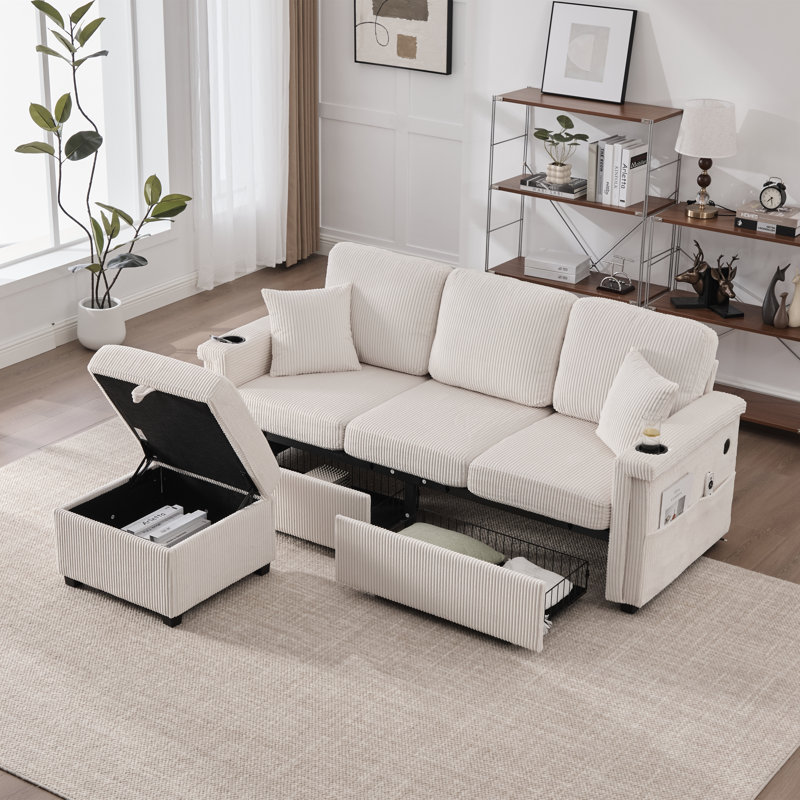 76.39" Reversible L-Shaped Sectional Sofa with Pull-Out Storage, Ottoman & Pillows with USB Charging,Cup Holder for Living Room