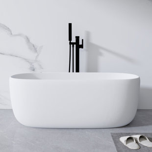H2O Classic 51 in. x 25.6 in. Solid Surface Stone Resin Freestanding Deep Soaking Bathtub with Center Drain in Matte White
