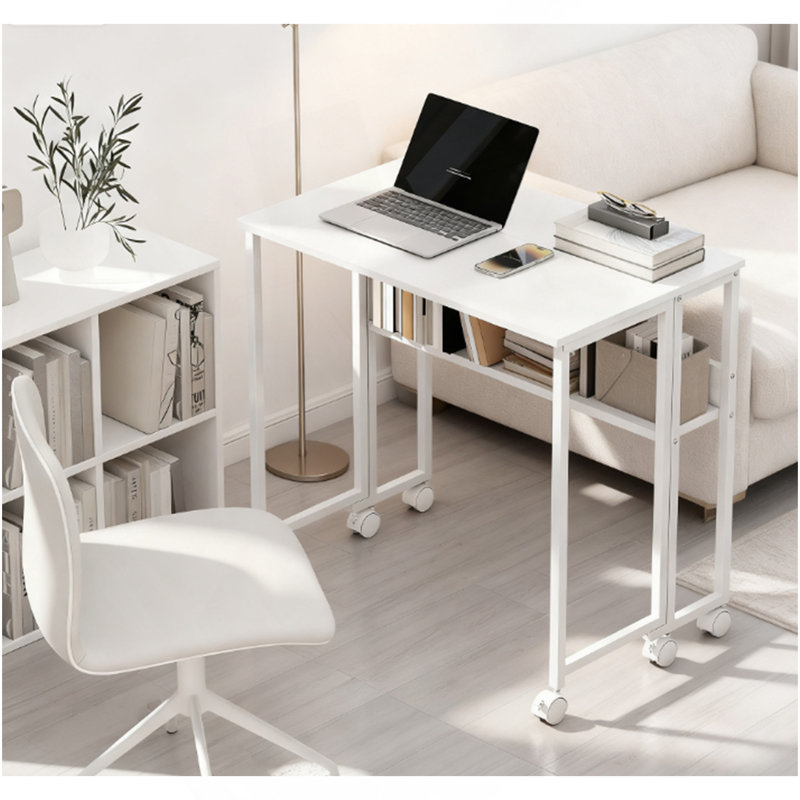 Folding Computer Desk,With Storage Bag, Shelf And Wheels For Small Spaces, Home Office, White