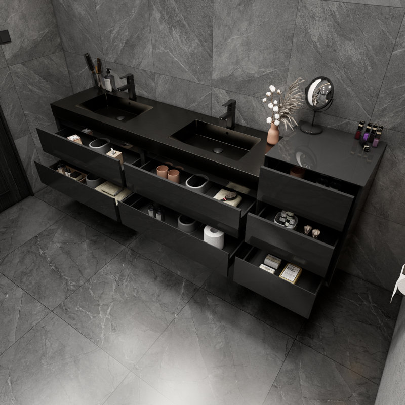 Golitz 103.5'' Double Bathroom Vanity with Stainless Steel Top, Glossy Black