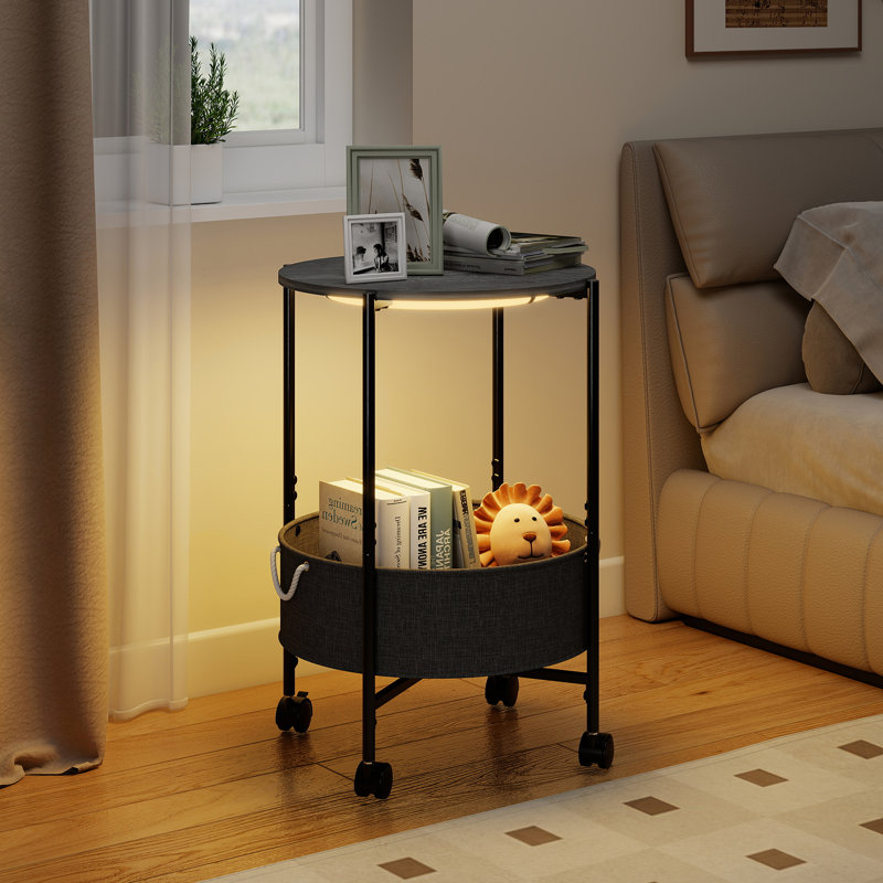 Round Side Table with LED Light & Wheels, 3 Colour Dimmable Mobile Bedside Table with Cotton-Linen Storage Basket for Living Room Bedroom