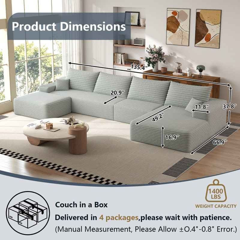 Canapé modulaire Boneless de 136 po en forme de nuage avec 1 repose-pieds, canapé modulaire moderne avec siège profond, canapé-lit en U confortable pour les appartements de salon et de chambre à coucher, aucun assemblage requis