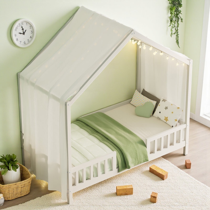 Wood Canopy Bed Floor House Bed With Fence, Twin, White