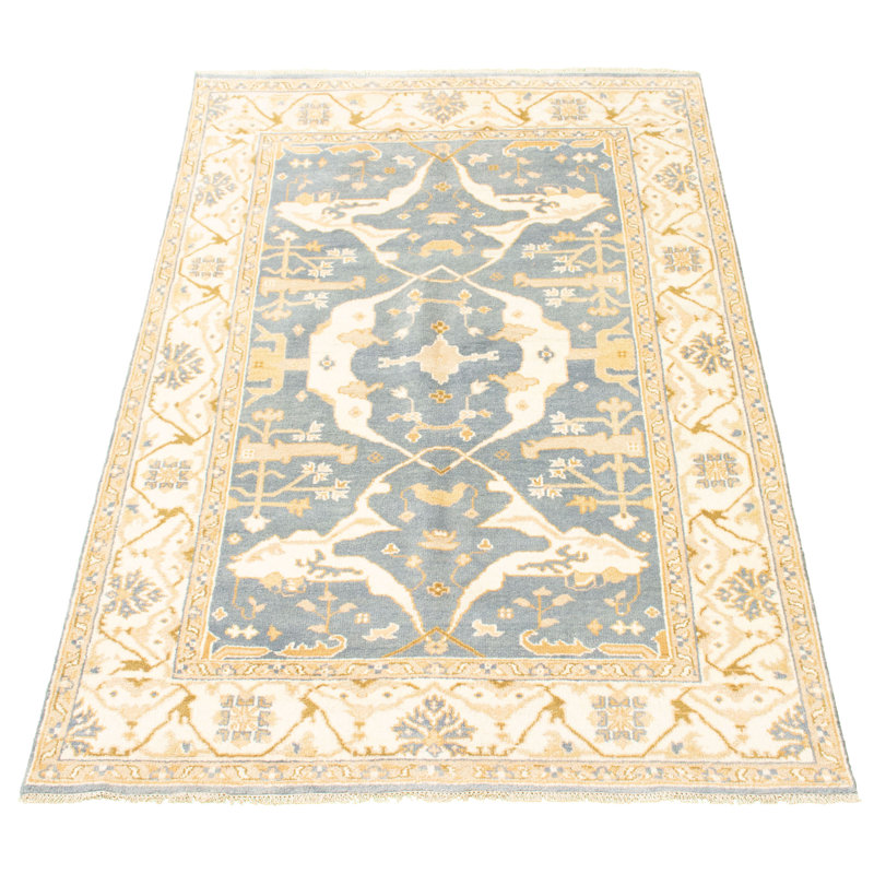 Tapis décoratif en laine noué à la main de conception unique 6 pi 1 po x 8 pi 11 po Dezzie Ivoire/gris