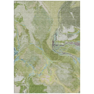 8' X 10' Green Blue And Gray Abstract Washable Indoor Outdoor Area Rug