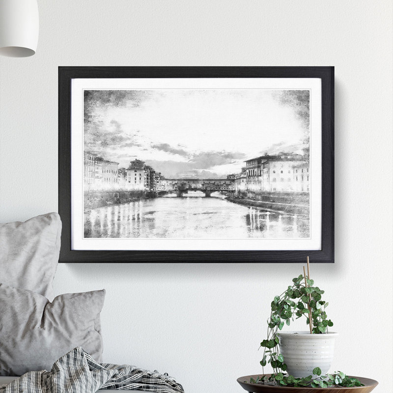 Ponte Vecchio Bridge in Florence Italy - Framed Print, 45cm H x 63cm W x 2cm D, Black Framed
