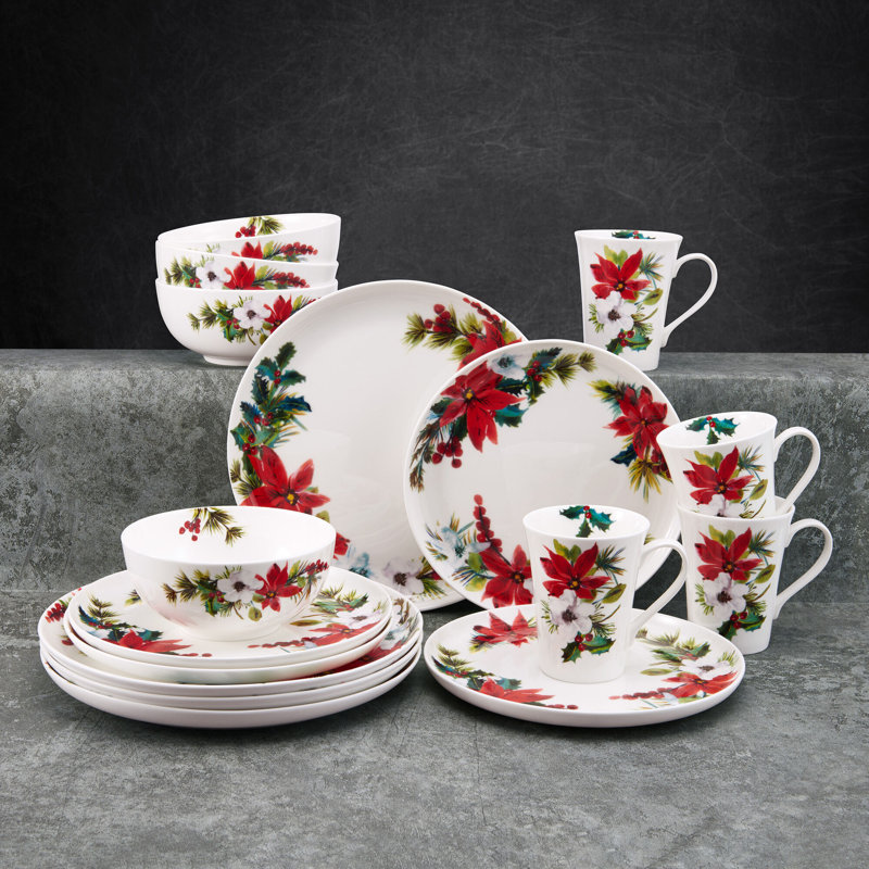 Mikasa Hope Joy Holiday Poinsettia 16 Piece Chip Resistant Dinnerware Set, Service for 4, Multicolor