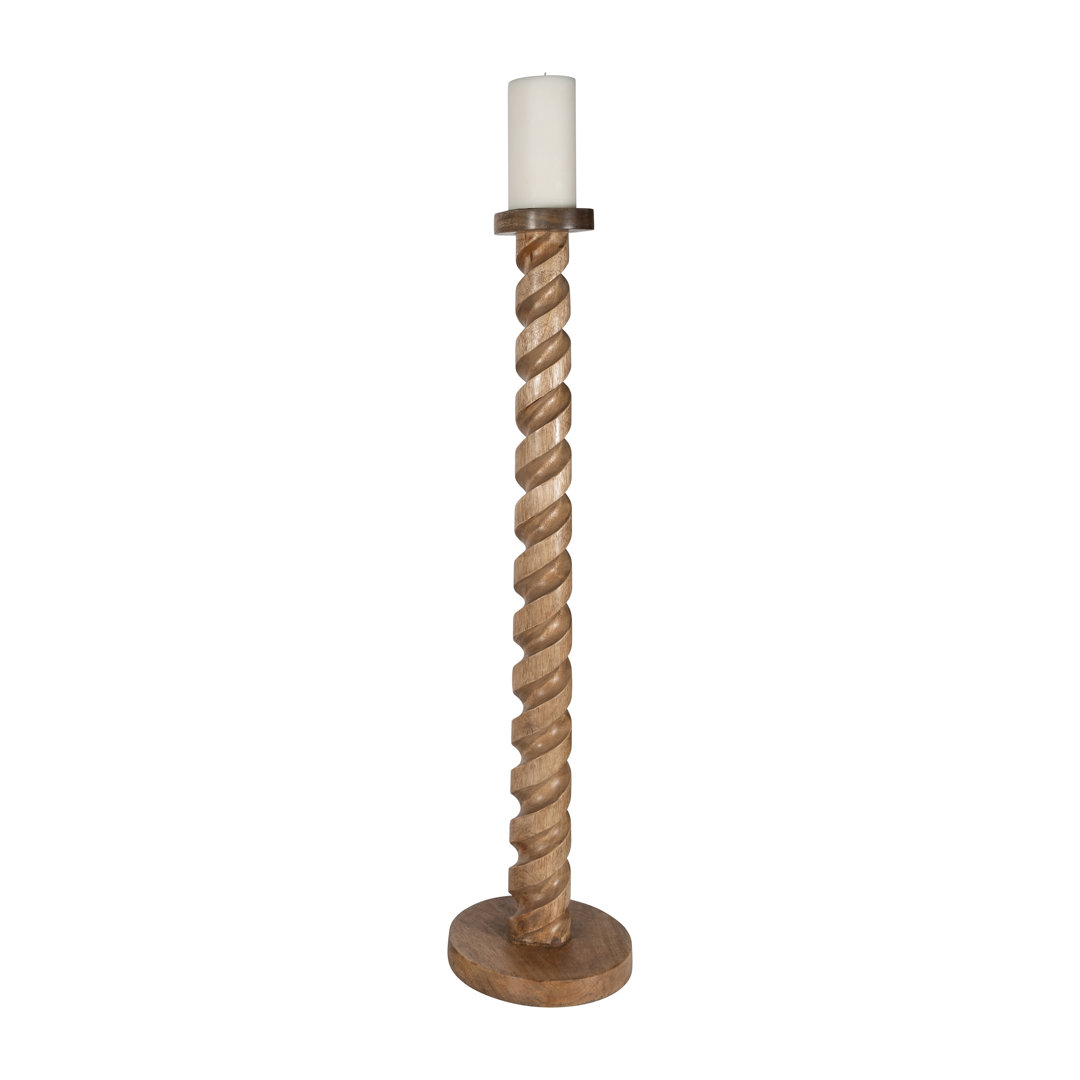 Wood Pillar Candle Holder Mango Wood with Carved Spiral Detail Round Base Rustic Decorative Accent Versatile Modern Design Handcrafted Single Piece for Stylish Contemporary Interiors. Birch Lane™ 