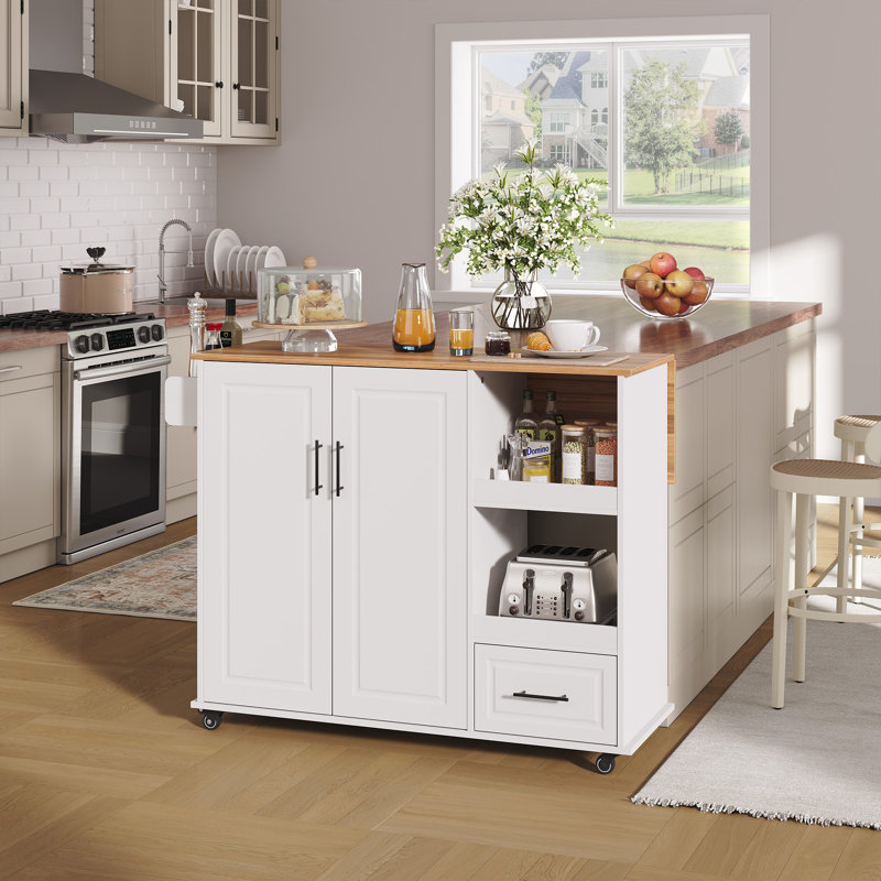48" Rolling Kitchen Island Cart with Butcher Block Top – White Mobile Storage Table with Drop Leaf, Drawer, Spice Rack & Lockable Wheels – Spacious Kitchen Utility Cart for Dining Room