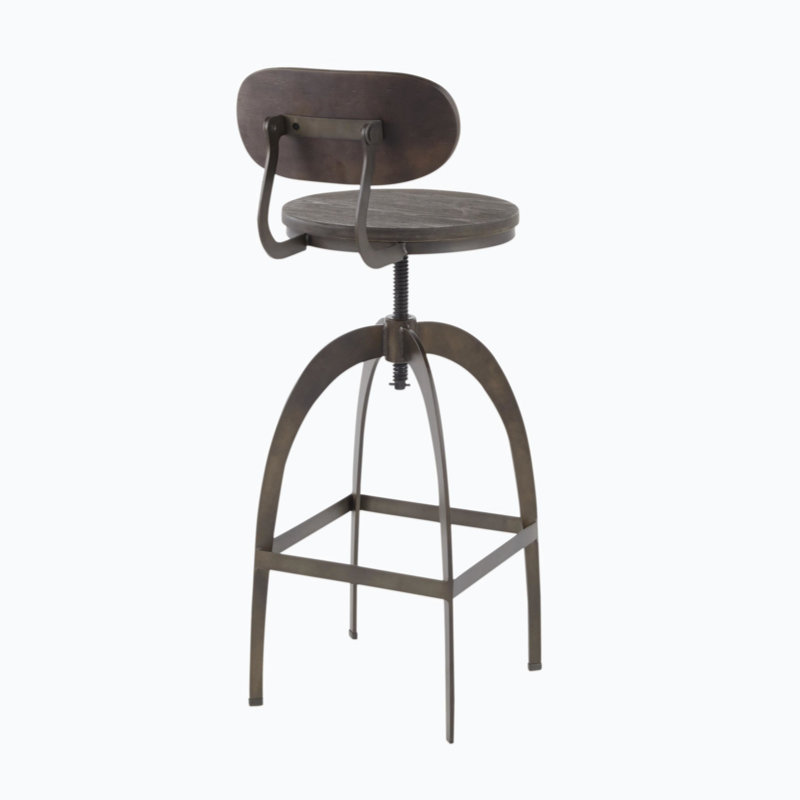 Tabouret de bar industriel à dossier moyen en métal et bambou à grain de bois pressé espresso, Noir, Gris foncé