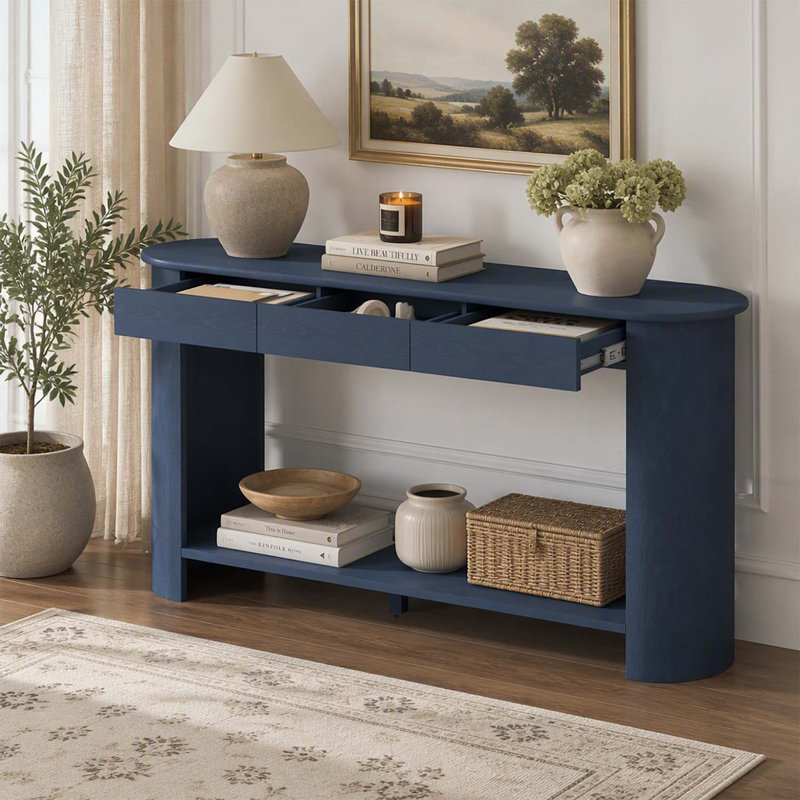 Console moderne en placage de chêne de 152 cm (59,8 po) avec 3 tiroirs, table d'entrée de style campagnard avec étagère, design semi-circulaire pour salon, couloir, entrée, hall d'entrée, couloir