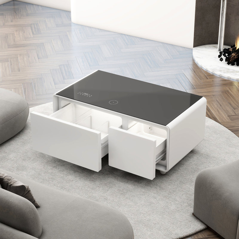 Table basse intelligente avec refroidissement par compresseur, recharge sans fil, ports, audio, rectangulaire blanc, réfrigérateur moderne à joint amovible, commande tactile et ports de type C -