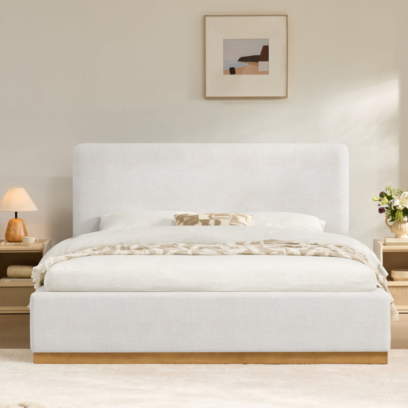 Delpha Grounded Upholstered Wood Base Bed, King, Selene White