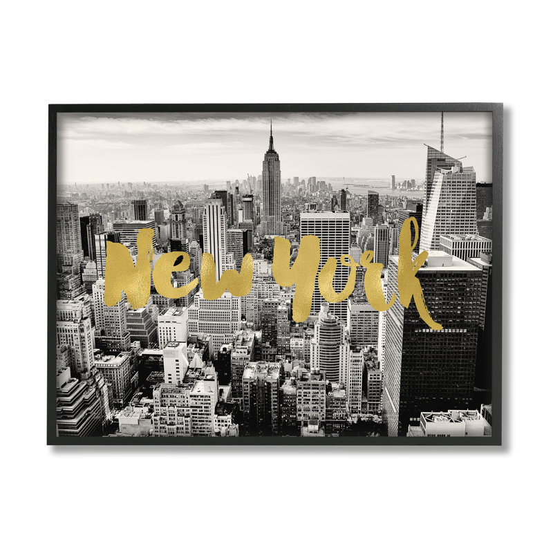 «Urban New York City Skyline Glam», impression de typographie, L 20 po x H 20 po, Giclée encadrée noir minuit