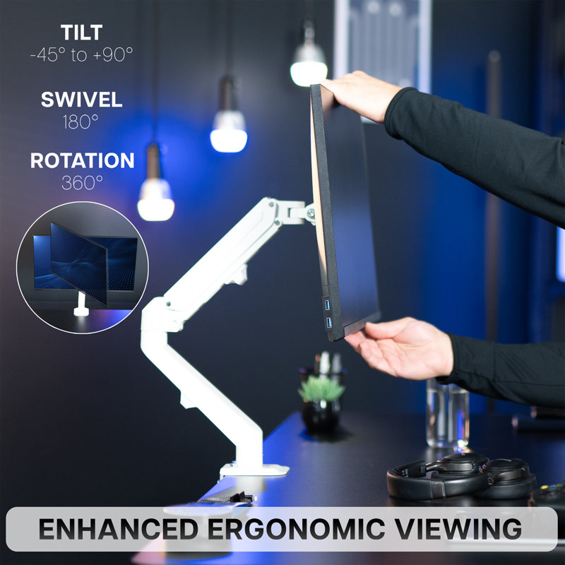 White Adjustable Single Monitor Desk Mount with Pneumatic Arm