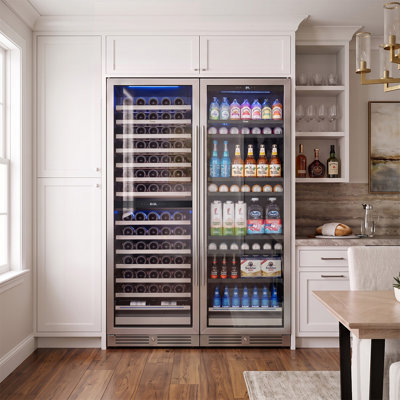 Réfrigérateur combiné Yeego 23,4 po à double zone pour vin et boissons, cave à vin de 154 bouteilles et réfrigérateur à boissons de 428 L, encastré, pose libre, en acier inoxydable avec porte vitrée anti-UV