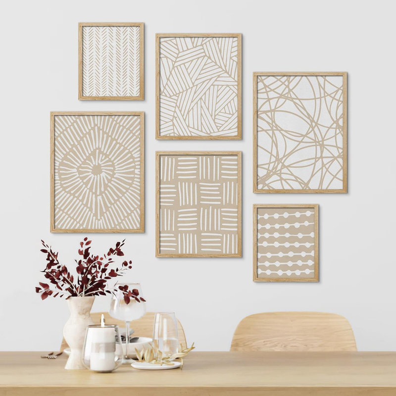 " Collage Curve Tan Line, Circle, Polygon Patterns Modern Art For Living Room, Bedroom, Office " 6 - Pieces, Natural Framed