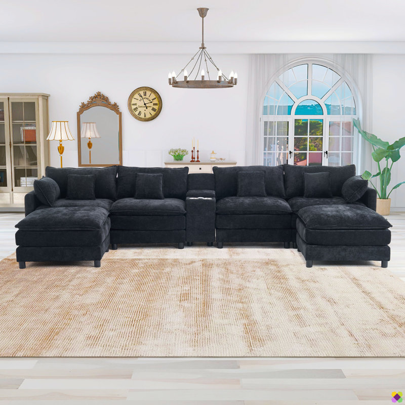 Merchelle 144.5"W 7 Piece Modular Sectional, Console, Cup Holders, USB Ports, Black Chenille