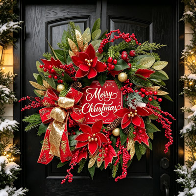 24 Inch Christmas Wreath for Front Door, Red and Gold Holiday Wreath with Poinsettia Flowers, Red Berry Branches, Gold Ornaments, Pinecones, Lush Evergreen Greenery, Large Ribbon Bow and Merry Christmas Sign, Traditional Farmhouse Door Decor