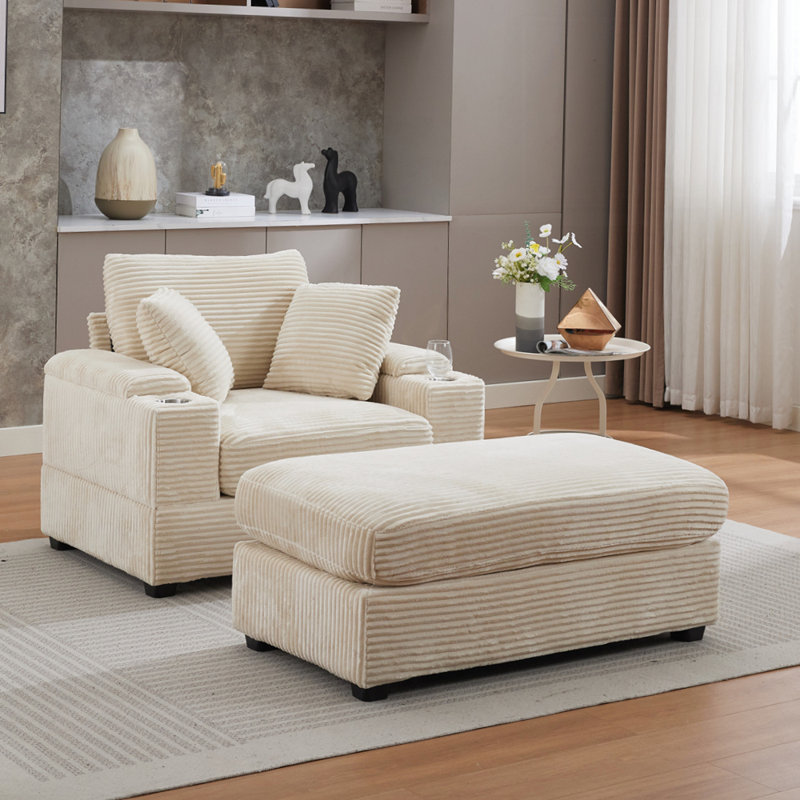 Canapé en méridienne rembourré Corduroy, Beige