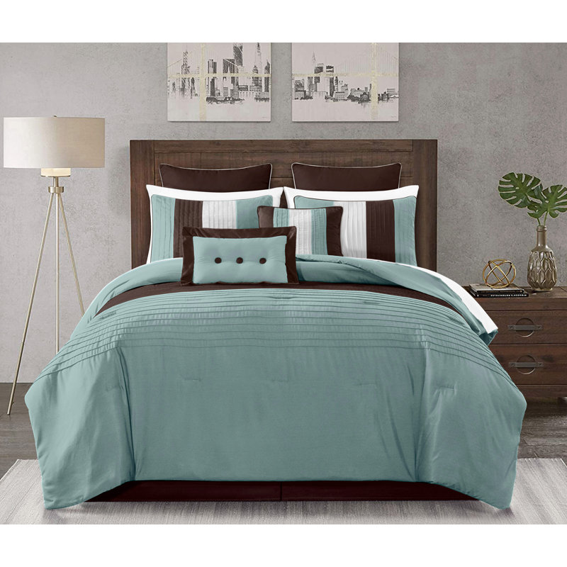 Loft 8-Piece Pleated Stripe Microfiber Comforter Set, Full Comforter + 2 Standard Shams, Blue