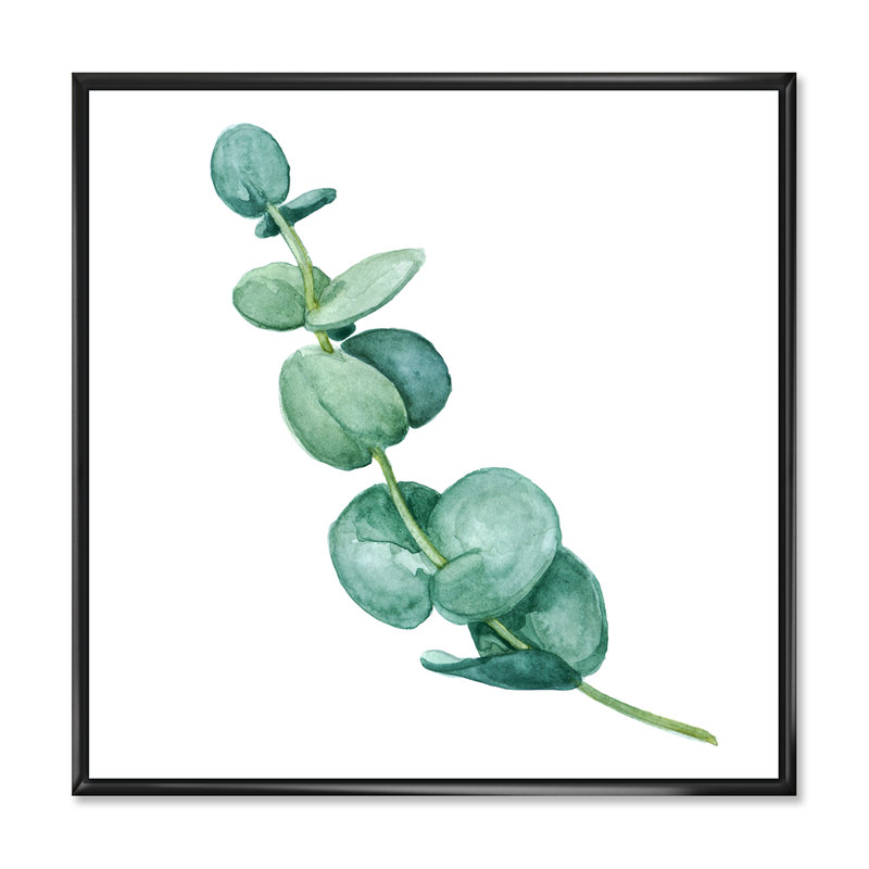Jeunes feuilles d'eucalyptus et branches II - peinture sur toile, H 36 po x l 36 po x 1,5 po, Cadre flottant noir