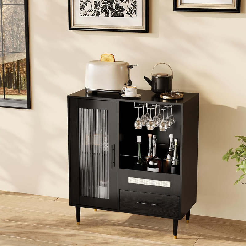 Modern Wine Bar Cabinet with Storage, Tempered Glass Door Liquor Cabinet & Mini Coffee Bar Sideboard
