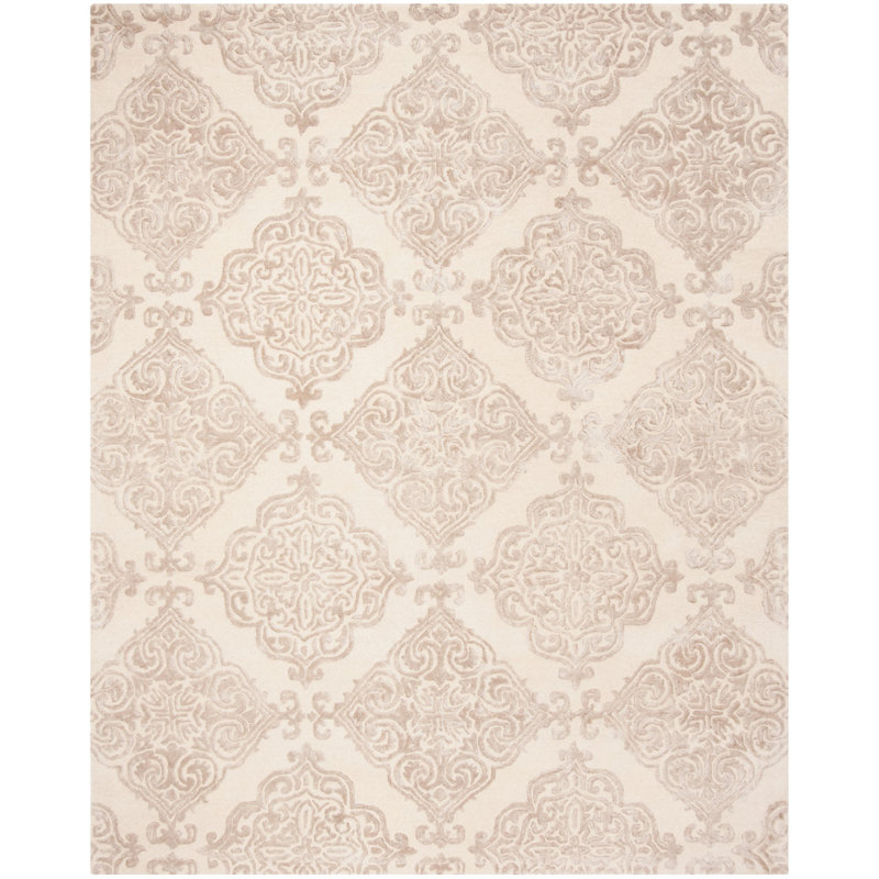 Bernon Hand Tufted Viscose/Wool Damask Rug in Ivory