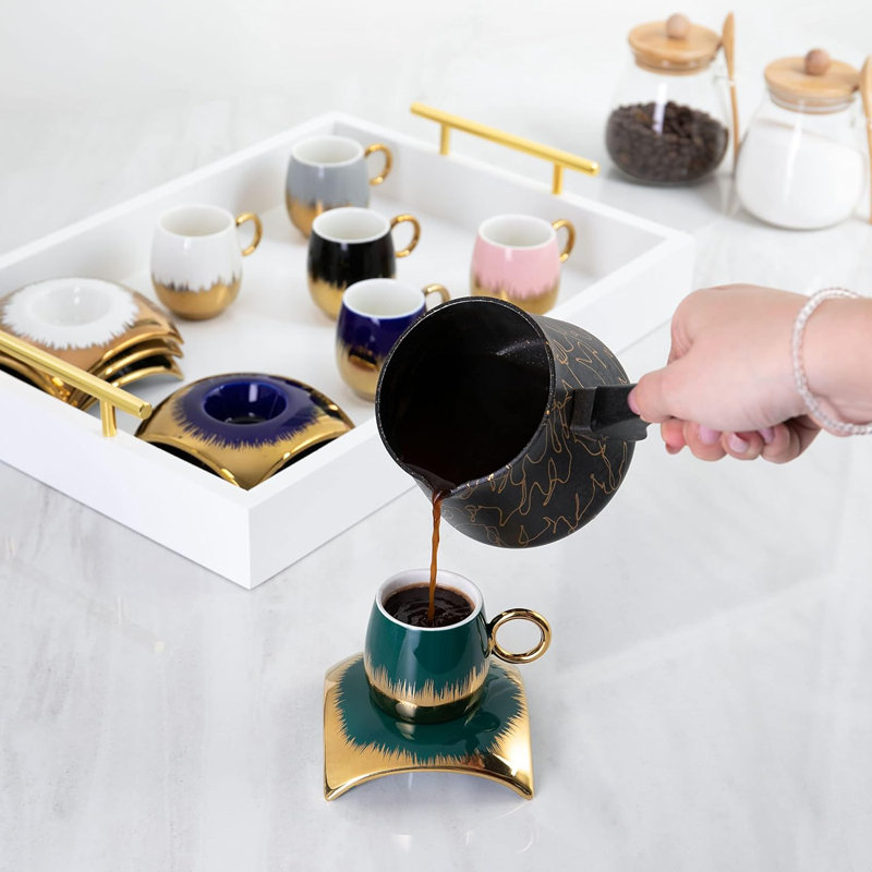 Ensemble de 6 tasses à café turques avec soucoupes et plateau - Tasse à thé en céramique 6,7 oz