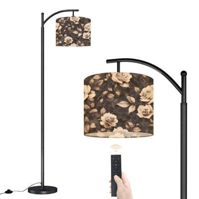 Lampe sur pied à arc avec abat-jour réglable sépia rose élégant floral rétro avec feuilles debout sur pied foncé 3 températures de couleur à haut gradateur avec interrupteur au pied pour la chambre à coucher