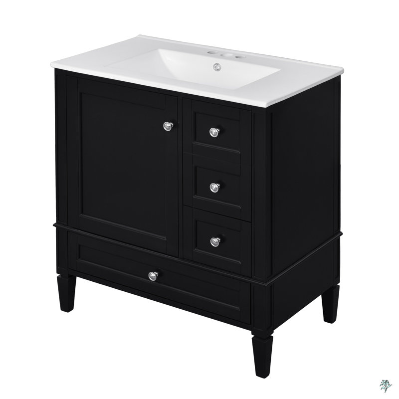 30 Inch Bathroom Vanity With Ceramic Sink, 3 Drawers, Solid Wood Frame Modern Bathroom Storage Cabinet, Black/Silver