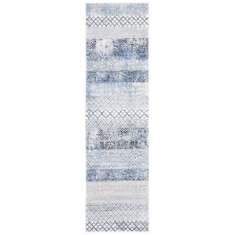 Hand-knotted Grey and Light Blue Geometric Runner Rug