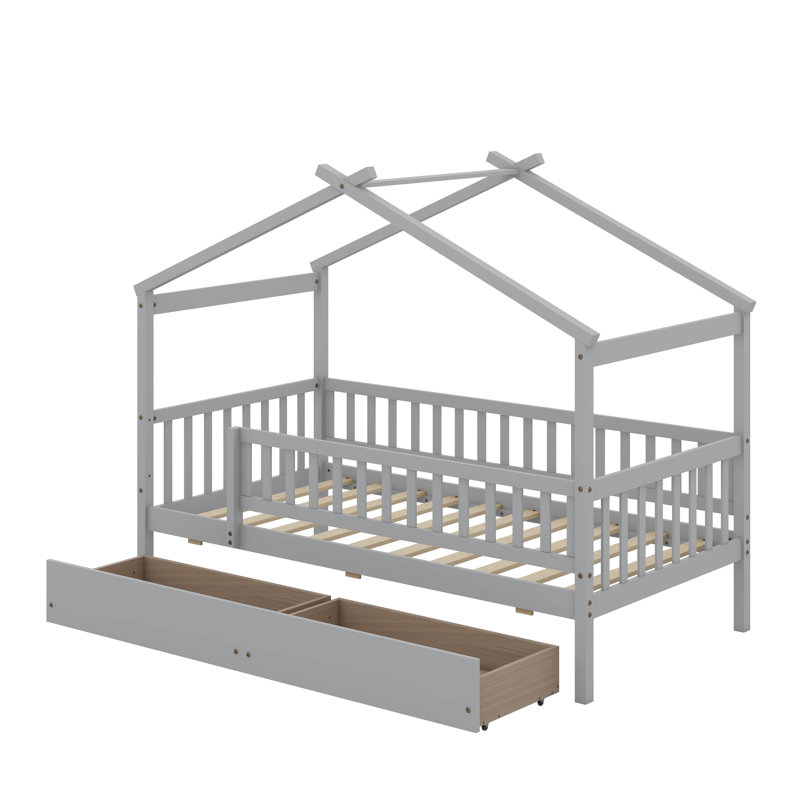 Lit simple en bois avec tiroirs, Gris