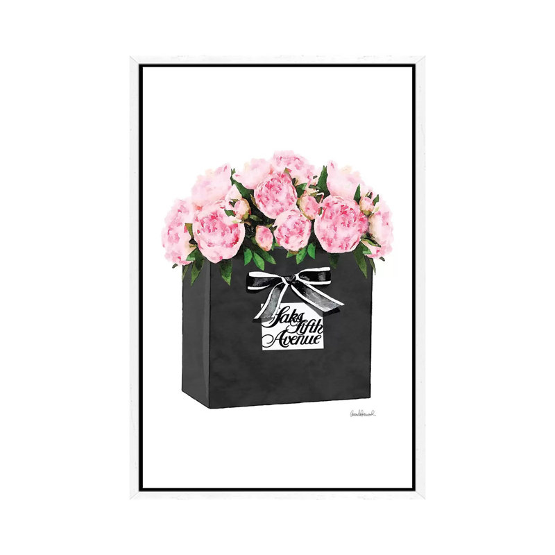 Saks 5th Bag With Pink Peony by Amanda Greenwood - Painting on Canvas, White Framed Canvas, 101.6 cm H x 66.04 cm W