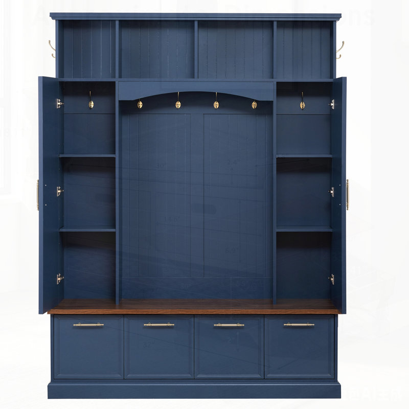 4-IN-1 Elegant Hall Tree with Golden Hooks & Handles, Practical Entryway Walnut Bench with Adjustable Shelves, 76.7H Farmhouse Wooden Style Coat & Shoe Rack for Mudroom