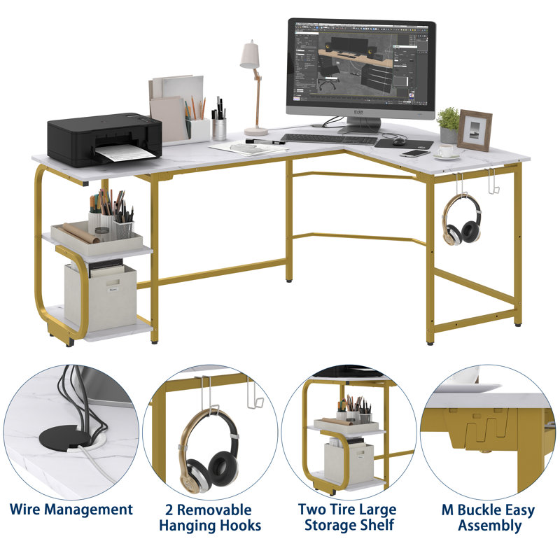 Violetrose L-Shaped Metal Base Computer Desk, White/Gold