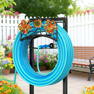 Garden Hose Holder, Freestanding Water Hose Stand With Storage Basket, Heavy Duty Metal Hose Reel Hanger Organizer