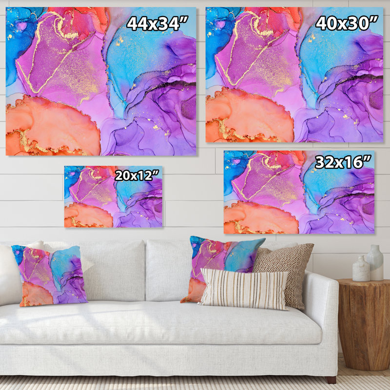 Mauve et bleu abstrait luxueux fluide - Peinture sur toile, H 34 po x l 44 po, Toile tendue