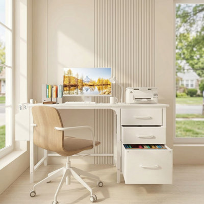 White 47-Inch Flip-Up Computer Desk With Fabric File Drawer: Modern Minimalist Style, Convenient Storage, Spacious Legroom, Suitable For Bedrooms, Small Home Offices, Clean, Bright, And Space-Saving.