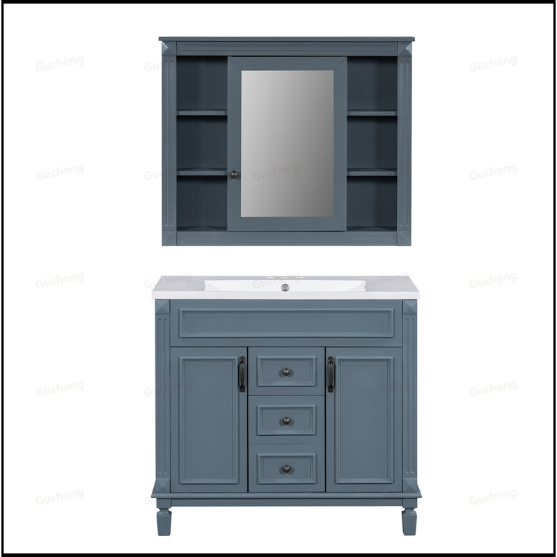 Meuble-lavabo à fermeture en douceur 36 po avec miroir, Bleu