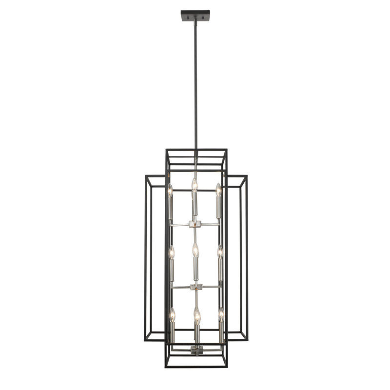 Lustre rectangulaire unique à 12 lumières Orona, Noir / Nickel brossé