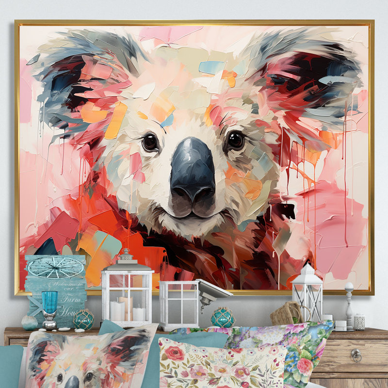 Floral, rose et vert Koala III - Koala, art mural animal, Cadre flottant doré, H 34 po x l 44 po x P 1,5 po