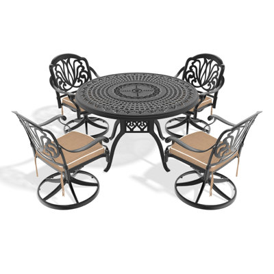 Outdoor 5 Cast Aluminum Dining - 4 Swivel Chairs & 47.24" Round Table In Black, Artistic Carving Elements, Weather Build, Comfortable Seating Area, 350lbs Seat Capacity, 160lbs Effortless Assembly