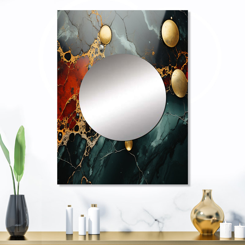 Or et vert sérénité abstrait marbre rêve II - grand miroir mural en marbre, miroir unique moderne, art imprimé en métal