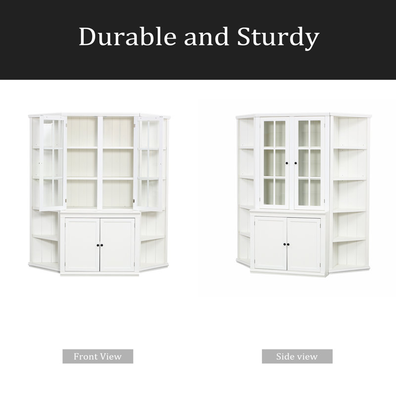 Vitrine de 75,25 po de hauteur et deux tablettes triangulaires à côtés, combinaison murale de style rétro de 69,25 po de largeur avec portes en verre, pour les couloirs, le salon, le bureau, le studio ou l'espace de travail