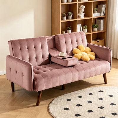 72" Convertible Sleeper Sofa Bed with Folding Backrest and Cup Holder Table, Space-Saving Linen Upholstery, Pink