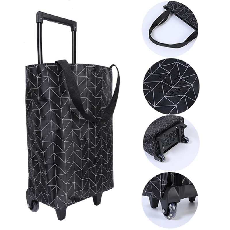 Small Collapsible Shopping Cart for Grocery Store, Lightweight Foldable Design with Wheels, Portable Compact Trolley, Black
