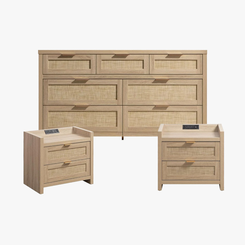 Ensemble de chambre à coucher en rotin 3 pièces avec ports de chargement USB (commode 6 tiroirs + 2 tables de chevet)